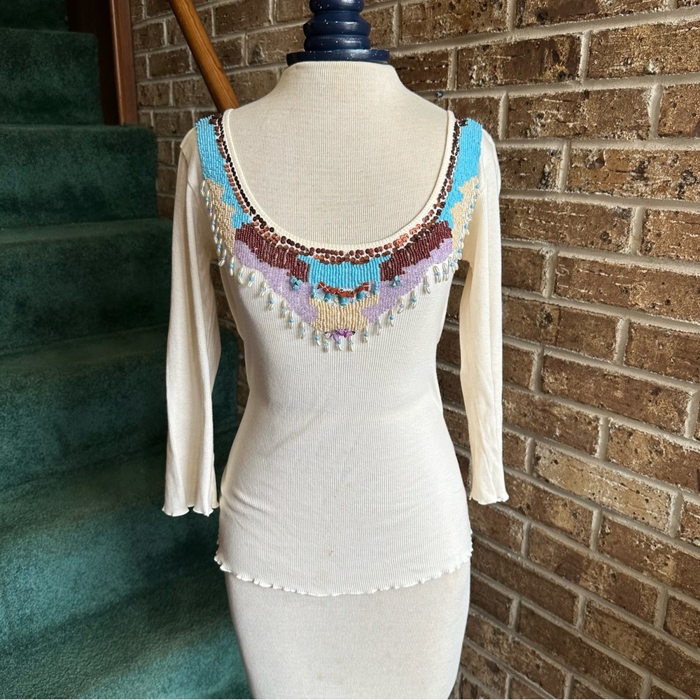 VTG Y2K Style Haven Blue Cream Colored Beaded Blouse